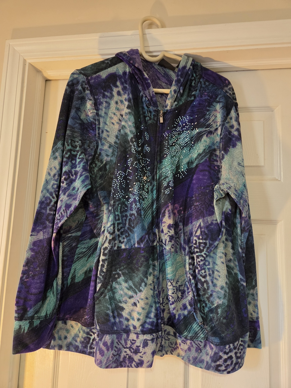 Onque Casual 2X Tie-Dye Print Zip Hoodie Rhinestone Studded Hooded Hoodie